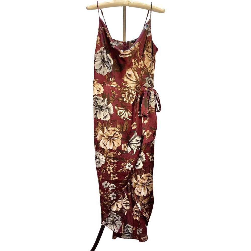 Express Size M Floral Burgundy Satin Midi Dress Cowl Neck Hi-Lo Beachy Whimsy - Picture 11 of 12